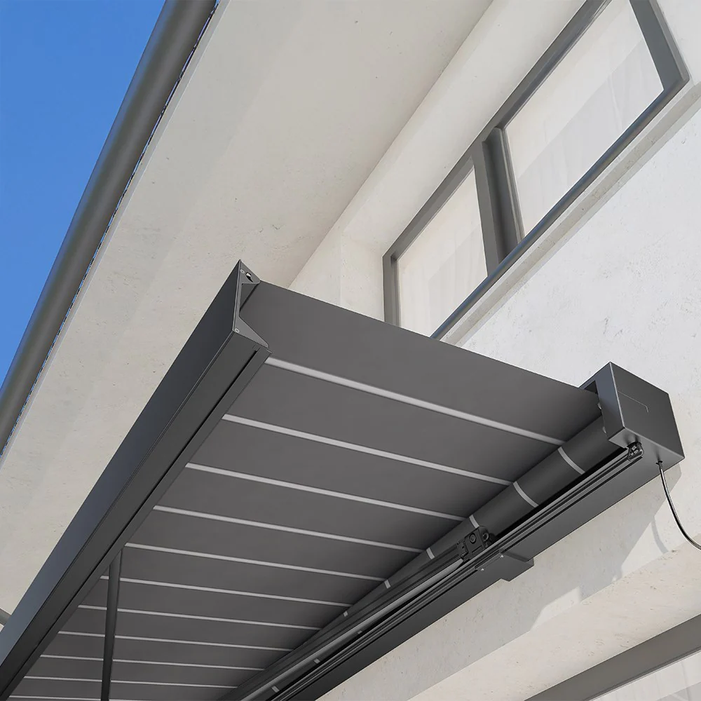 5.0M Deluxe Wireless Full Cassette Electric Awning With Lights (Charcoal Cassette) | Pin Stripe Grey - Image 3
